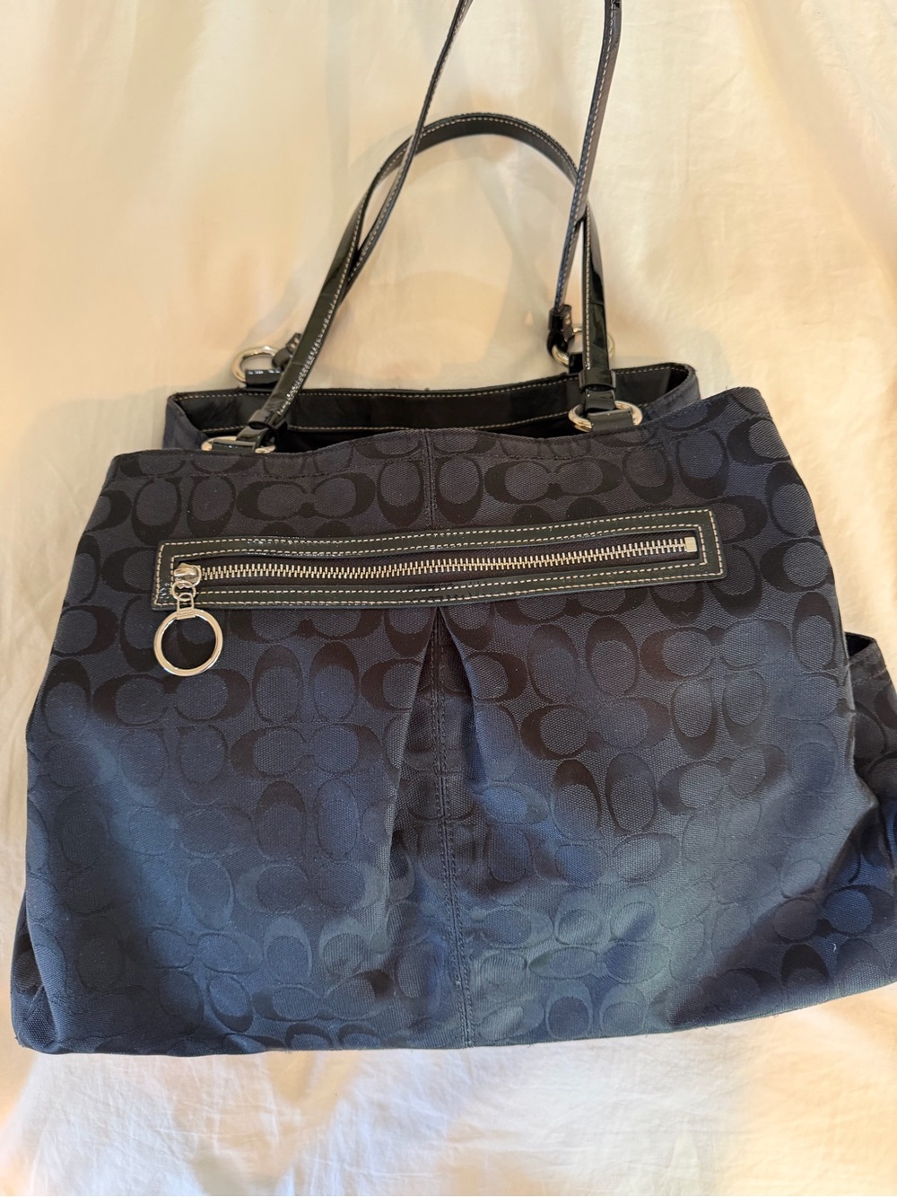 Coach Extra Large Black Signature Tote with Front Zip and Leather Handles